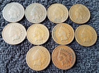1900 1901 1902 1903 1904 1905 1906 1907 1908 1909 Complete Decade U.S. Indian Head Cents - 10 coins Penny Circulated