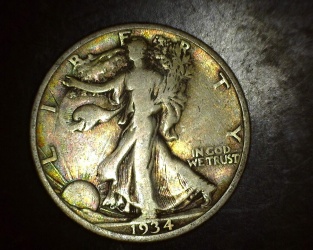 1934 S Walking Liberty Half- Exceptional Coin - Beautiful Strike - **Rainbow Toning** 50c F