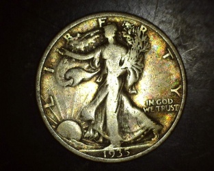 1935 Walking Liberty Half- Exceptional Coin - Beautiful Strike - **Rainbow Toning** 50c F
