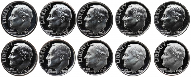 1970-1979 S Roosevelt Dimes Gem Proof Run 10 Coins US Mint Decade Lot Complete 1970's Set