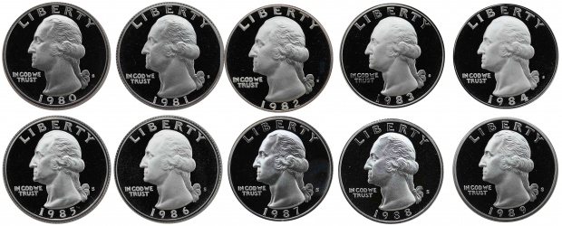 1980-1989 S Washington Quarters Gem Proof Run 10 Coins US Mint Decade Lot Complete 1980's Set PROOF