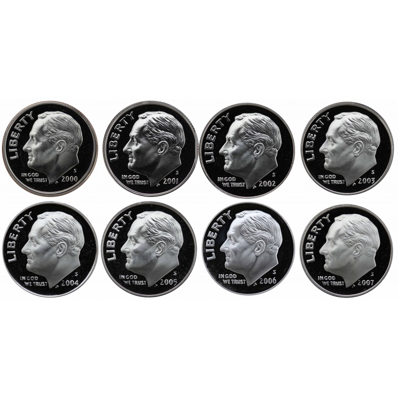 2000-2007 S Roosevelt Dimes Gem Proof Run 8 Coins US Mint Decade Lot Complete 2000's Set