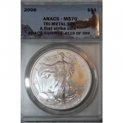 2008 America Silver Eagle - First Strike Tri-Metal Set - $1 MS70 - The Perfect Coin - ANACS